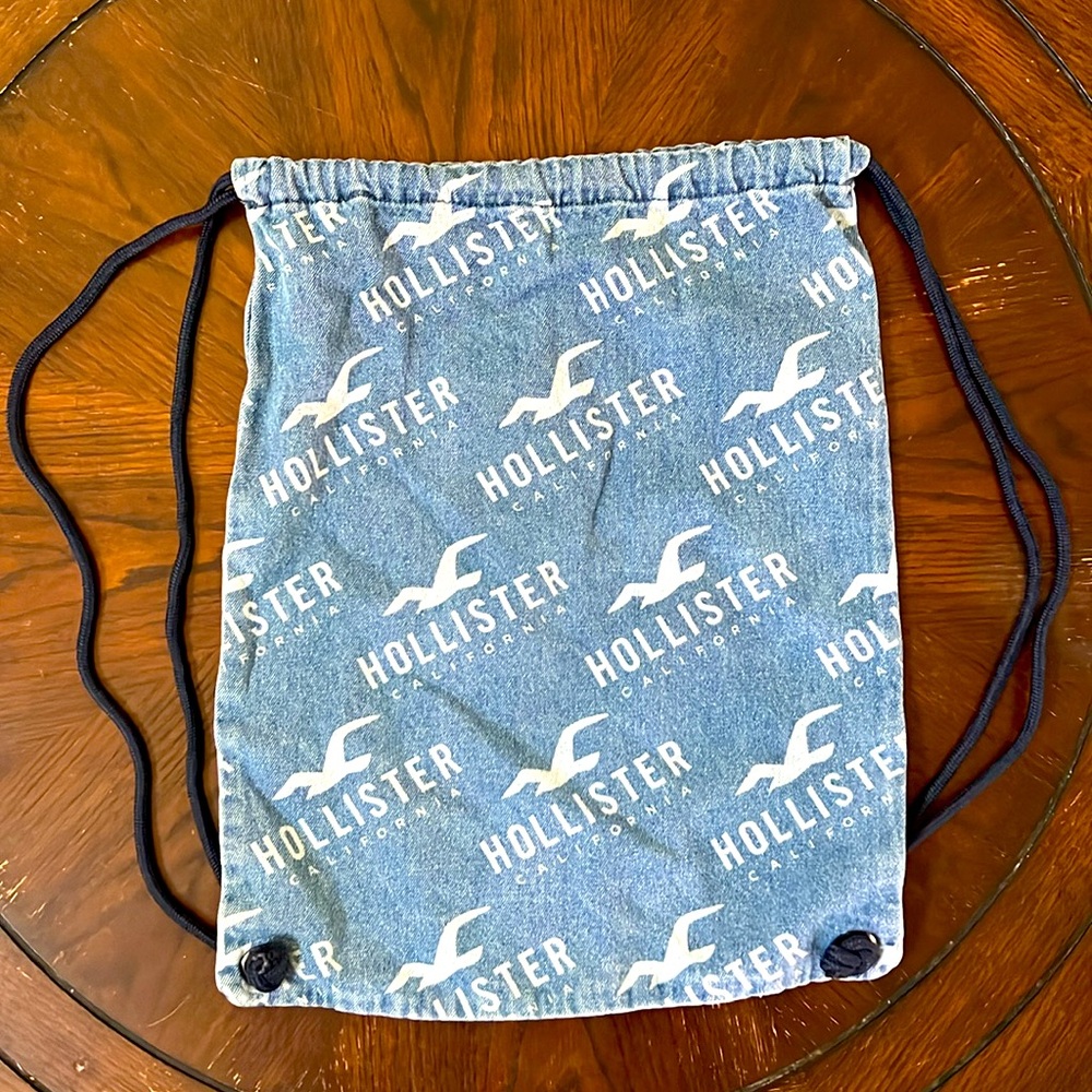 Hollister Denim Canvas Drawstring Tote Bag Backpack Preowned